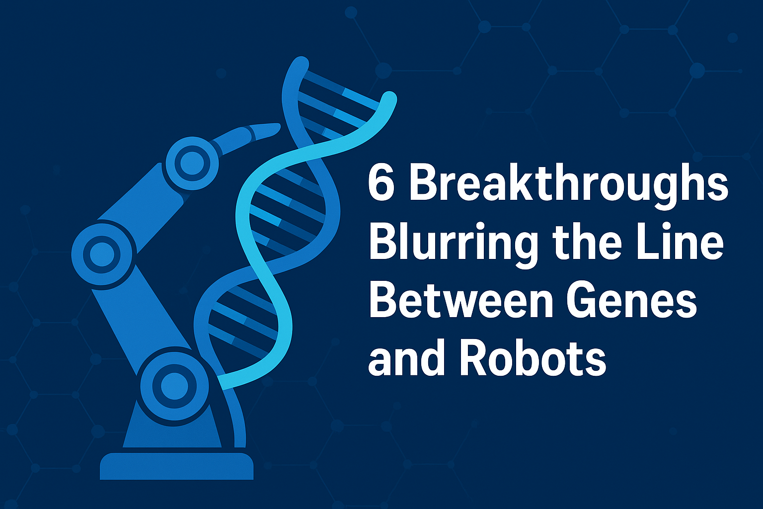 A robotic arm holding a DNA double helix on a dark blue background, symbolizing the fusion of genetics and robotics in modern innovation.