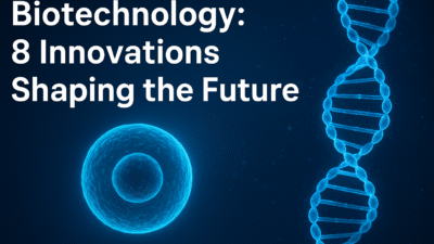 "Biotechnology DNA helix and cell illustration representing modern biotechnology innovations and future breakthroughs."