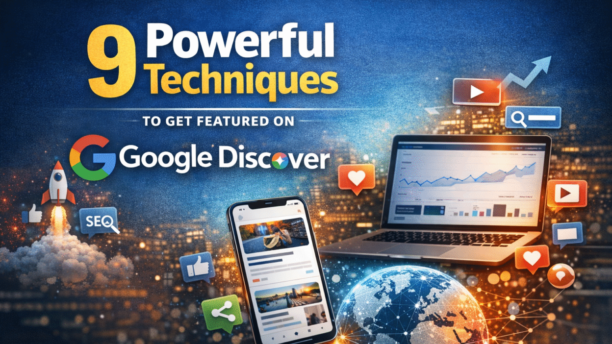 Google Discover strategies illustrated with analytics dashboard, mobile feed, and SEO growth icons