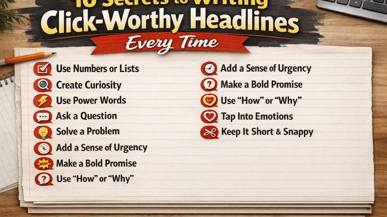 Click Worthy wide horizontal blank infographic with modern icons on lined paper background, designed for headline and content creation visuals