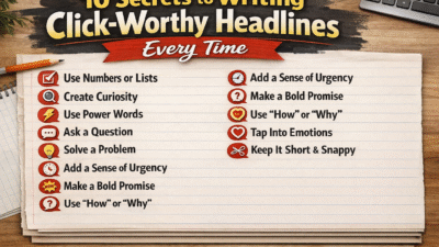 Click Worthy wide horizontal blank infographic with modern icons on lined paper background, designed for headline and content creation visuals