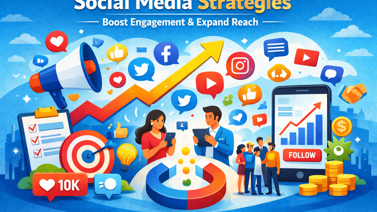 Illustration of social media growth strategies showing icons of multiple platforms, engagement, and audience reach.