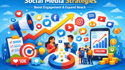 Illustration of social media growth strategies showing icons of multiple platforms, engagement, and audience reach.