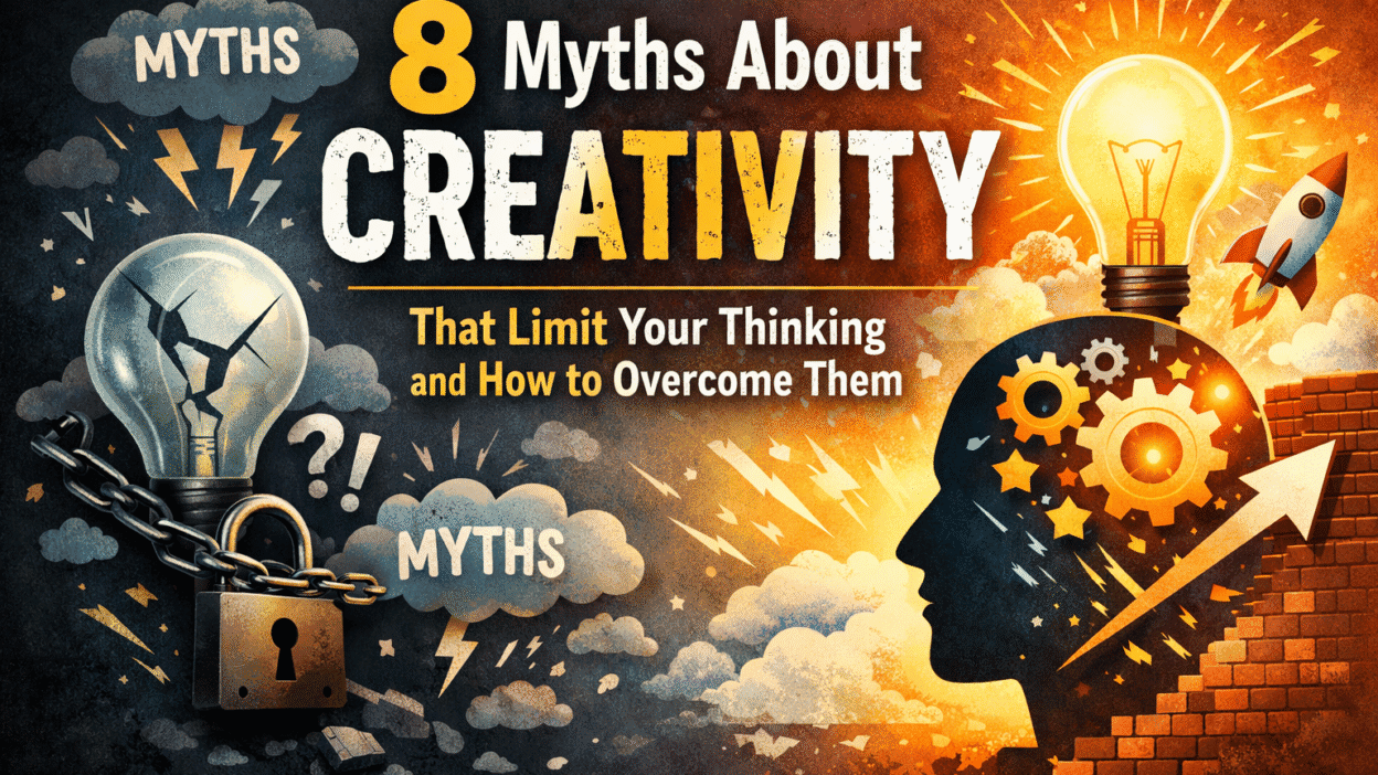 Illustration showing creativity and innovative thinking: broken lightbulb, locked chain on the left representing myths, and glowing lightbulb, gears, and rocket on the right representing idea generation and overcoming limits.