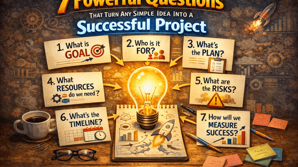 Successful Project infographic showing seven strategic questions with a lightbulb and planning visuals