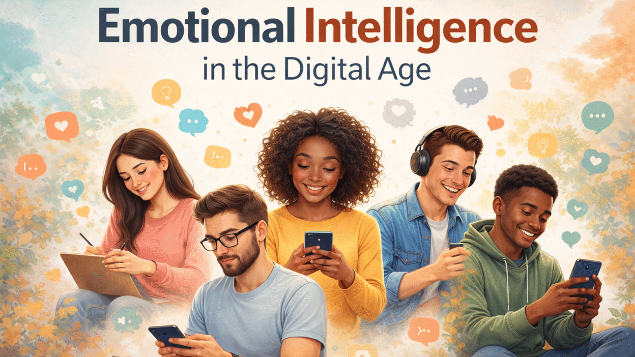 Emotional Intelligence: Wide digital illustration of diverse young adults practicing emotional intelligence in a modern workspace, with laptops, tablets, and floating icons representing emotions like empathy, communication, and creativity.