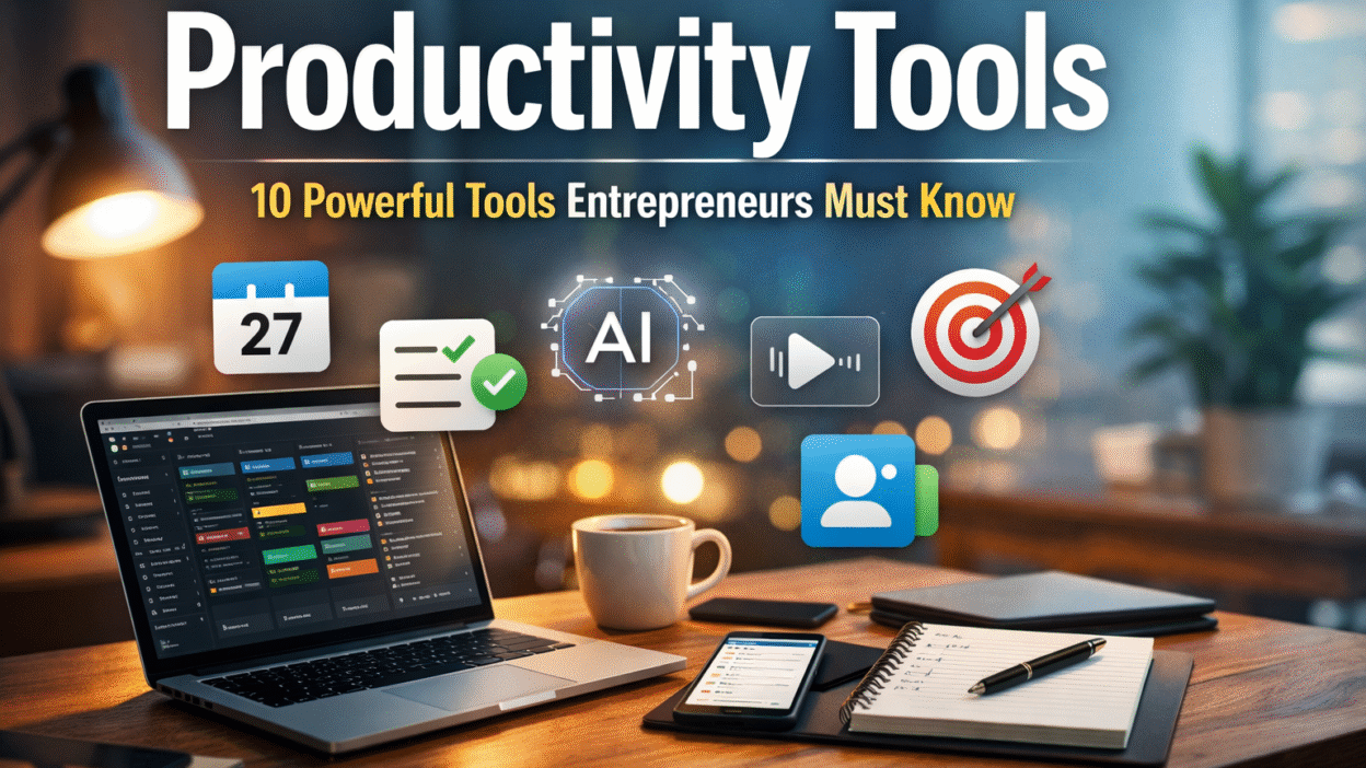 Productivity Tools workspace showing laptop, smartphone, notepad, and productivity apps for entrepreneurs