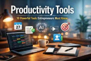 Productivity Tools workspace showing laptop, smartphone, notepad, and productivity apps for entrepreneurs