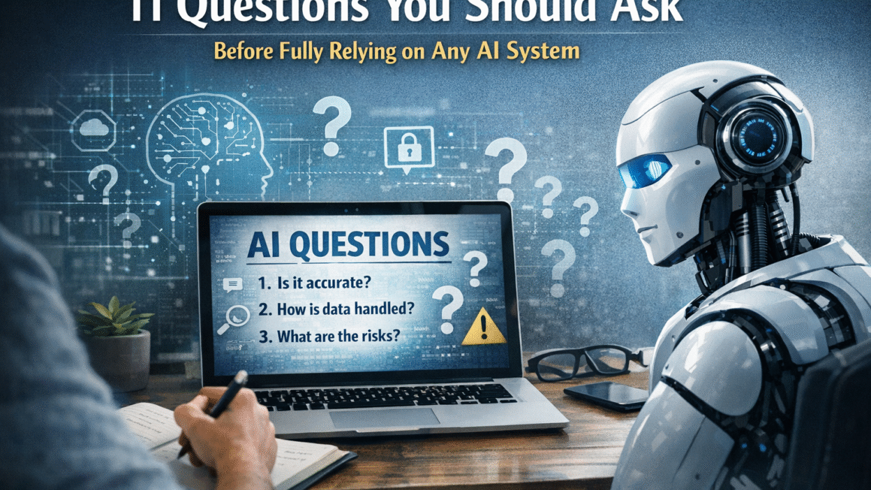 AI system decision-making illustration showing a human reviewing critical questions before relying on artificial intelligence