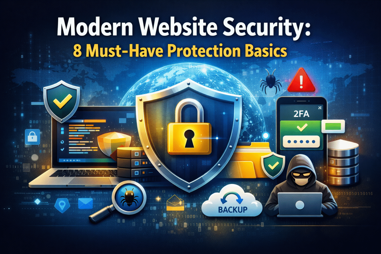 Modern Website security concept showing shields, padlocks, 2FA, backups, and protection icons.