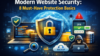 Modern Website security concept showing shields, padlocks, 2FA, backups, and protection icons.