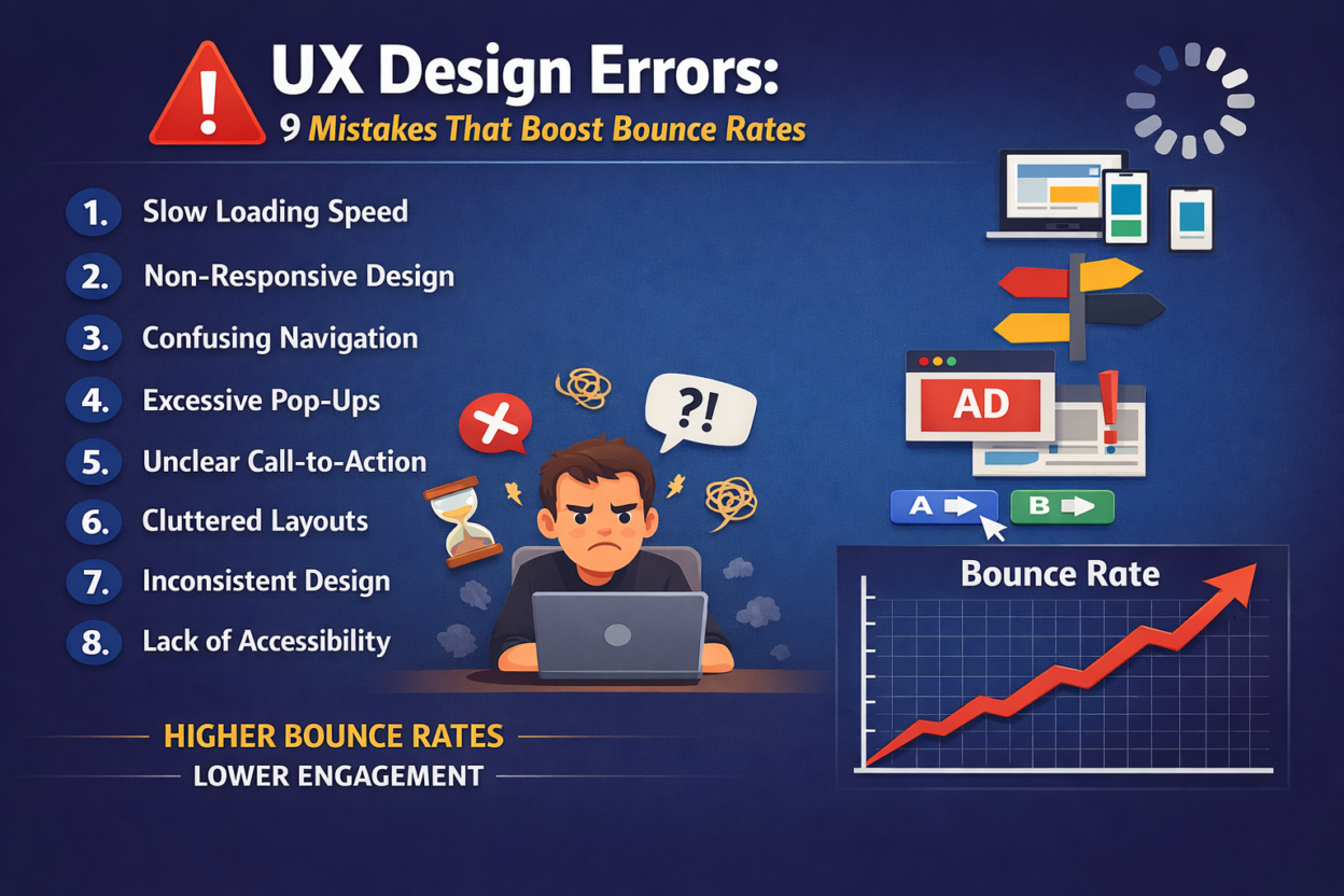 UX Design Errors infographic showing 9 common mistakes like slow loading, confusing navigation, unclear CTAs, excessive pop-ups, cluttered layouts, inconsistent design, and lack of accessibility that increase bounce rates.