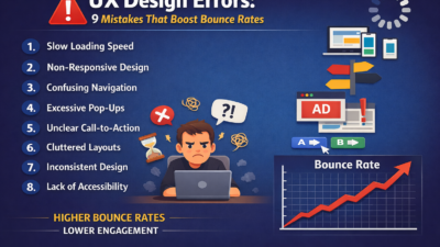 UX Design Errors infographic showing 9 common mistakes like slow loading, confusing navigation, unclear CTAs, excessive pop-ups, cluttered layouts, inconsistent design, and lack of accessibility that increase bounce rates.