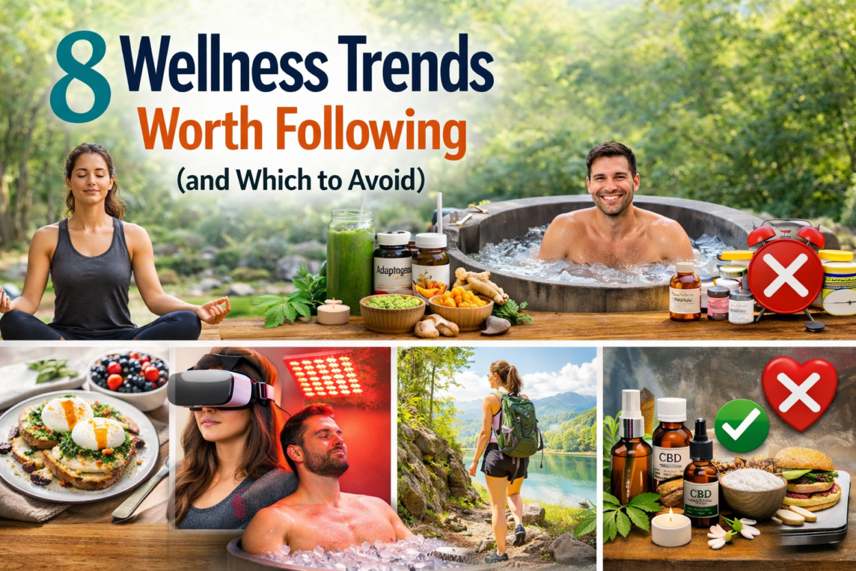 Wellness Trends: collage showing healthy practices like meditation, ice baths, nutritious meals, CBD products, and outdoor activities, highlighting which trends to follow and which to avoid.