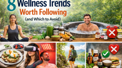 Wellness Trends: collage showing healthy practices like meditation, ice baths, nutritious meals, CBD products, and outdoor activities, highlighting which trends to follow and which to avoid.