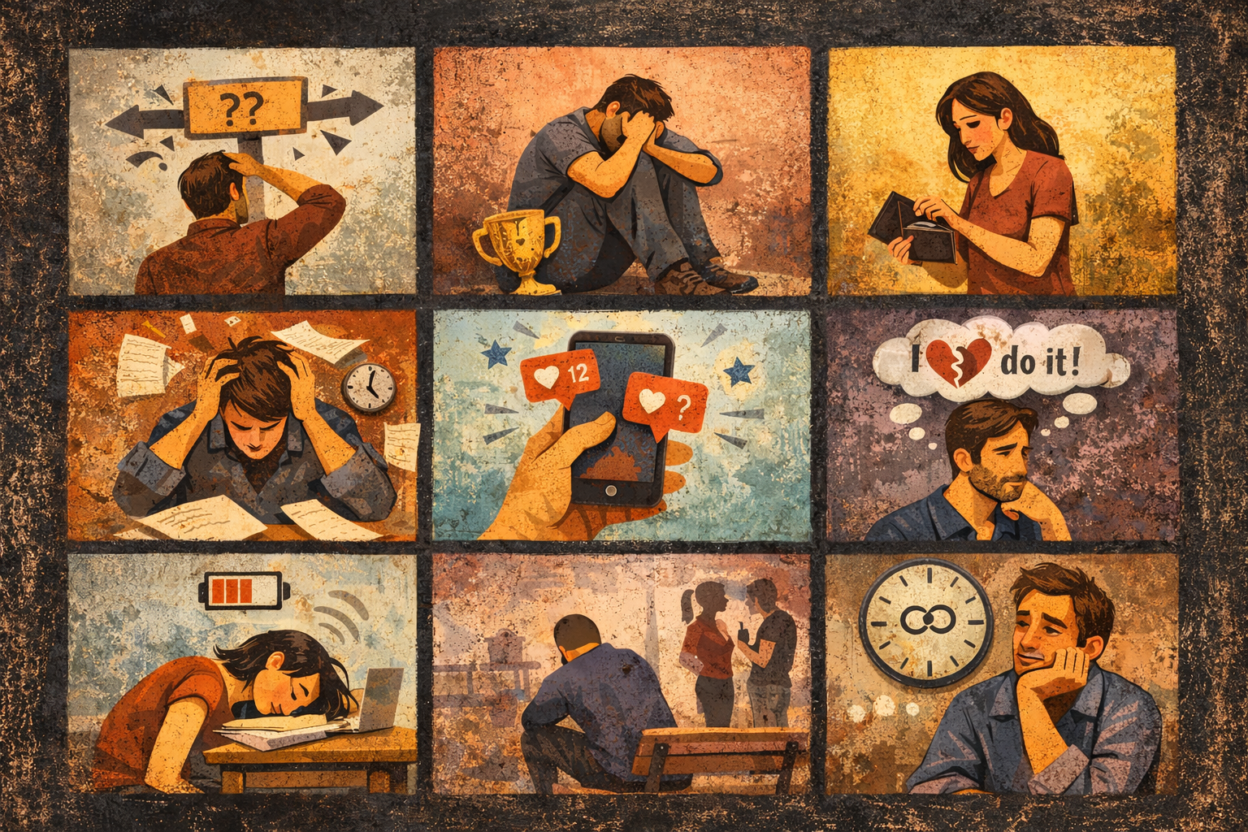 Motivation concept illustration showing a person losing drive, surrounded by stress and distractions, abstract and modern, no text.