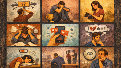 Motivation concept illustration showing a person losing drive, surrounded by stress and distractions, abstract and modern, no text.