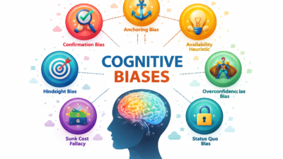 Cognitive Biases infographic showing 7 key biases that influence everyday decisions, including confirmation bias, anchoring bias, availability heuristic, overconfidence, status quo, hindsight bias, and sunk cost fallacy.