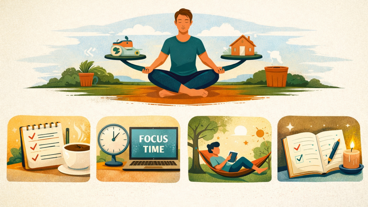 Daily balance concept showing a calm workspace with meditation, planner, coffee, and relaxation symbols for focus and energy.
