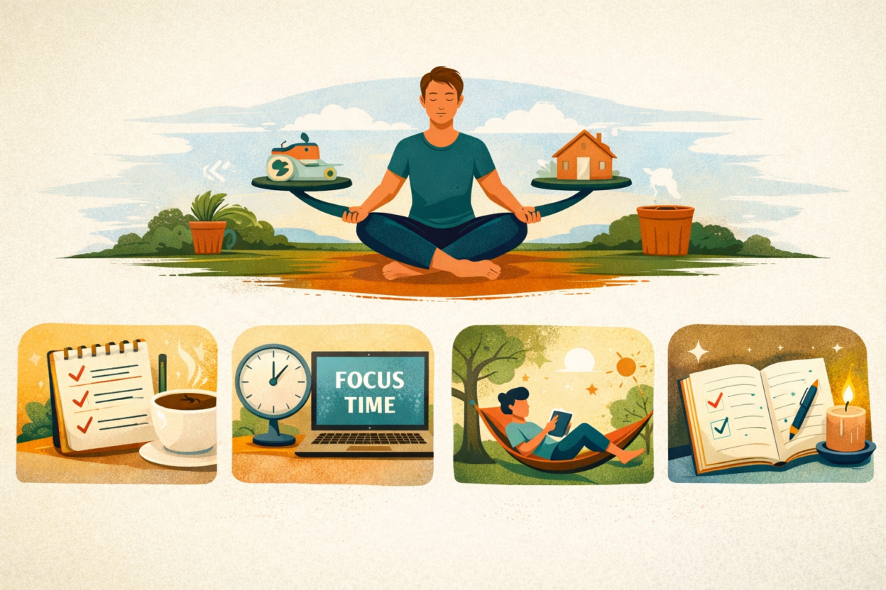 Daily balance concept showing a calm workspace with meditation, planner, coffee, and relaxation symbols for focus and energy.