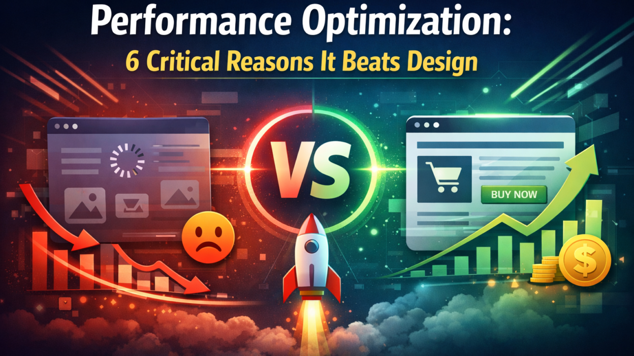 Performance Optimization illustration showing fast vs slow website performance with graphs and rocket icon