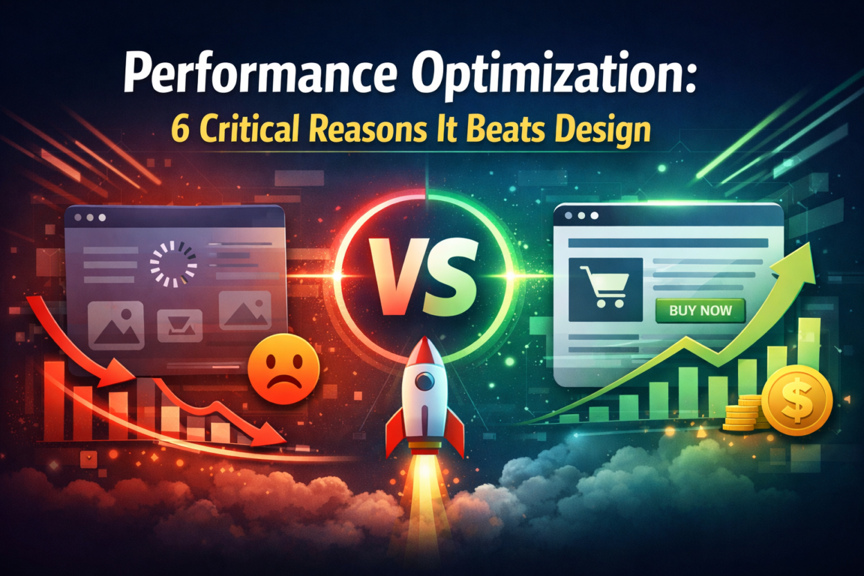 Performance Optimization illustration showing fast vs slow website performance with graphs and rocket icon
