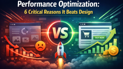 Performance Optimization illustration showing fast vs slow website performance with graphs and rocket icon
