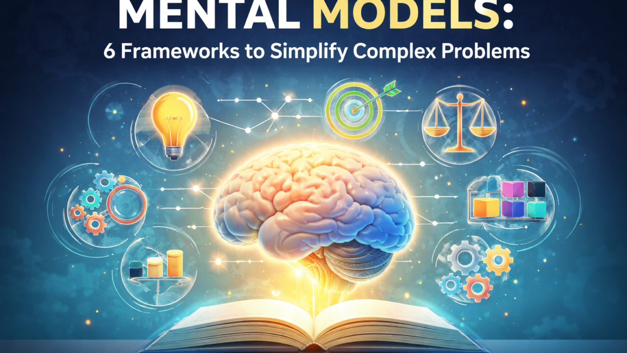 Mental Models illustration showing a brain, gears, and flowcharts simplifying complex problems