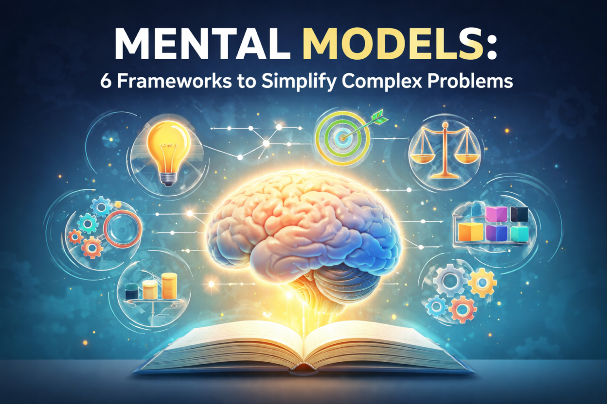 Mental Models illustration showing a brain, gears, and flowcharts simplifying complex problems
