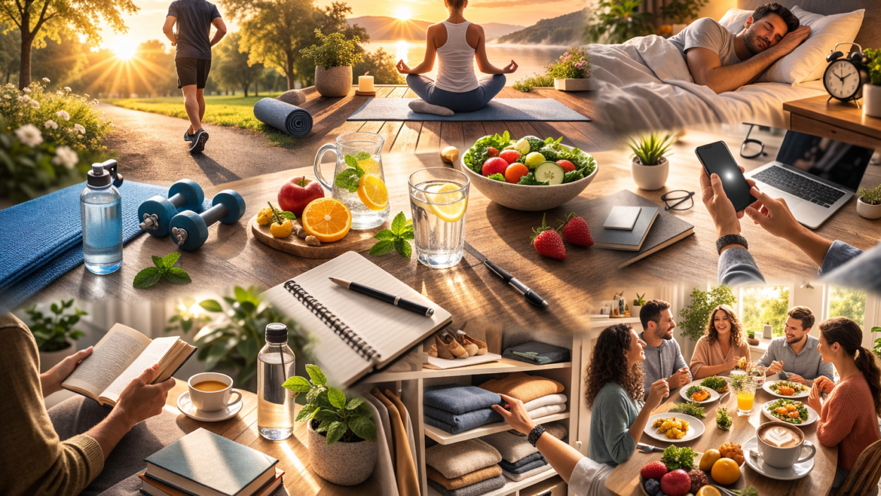 Lifestyle collage showing daily habits for wellness, productivity, and balance