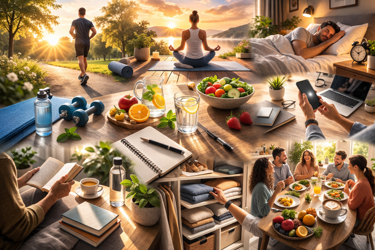 Lifestyle collage showing daily habits for wellness, productivity, and balance