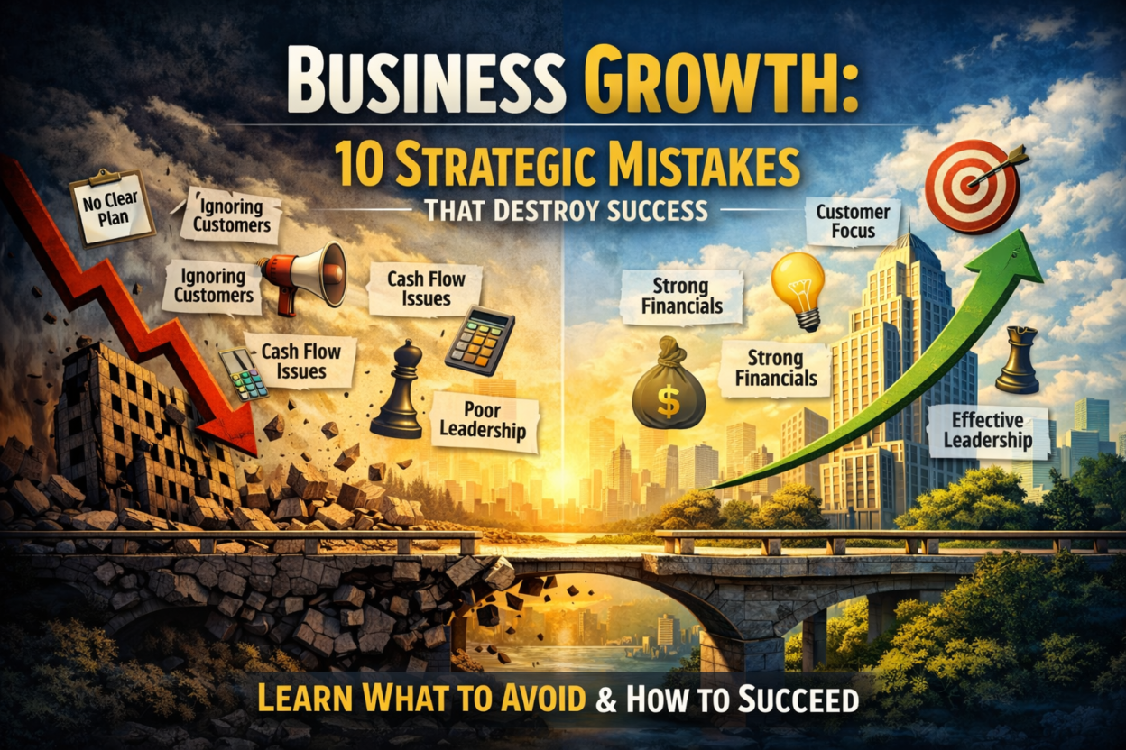 Business Growth illustration showing strategic mistakes and successful strategies, contrasting failure and success in business