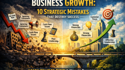 Business Growth illustration showing strategic mistakes and successful strategies, contrasting failure and success in business