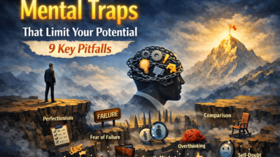 Mental Traps illustration showing a human silhouette surrounded by chains and symbols of perfectionism, fear of failure, overthinking, self-doubt, and scarcity, with a glowing mountain peak representing potential.